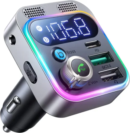 2022 Bluetooth 5.3 FM Transmitter for Car, JOYROOM [Stronger Dual Mics & Hifi Deep Bass Sound] , 48W PD&QC3.0 Bluetooth Car Adapter, Hands-Free Calling, Larger LED, AUX Output & U Disk